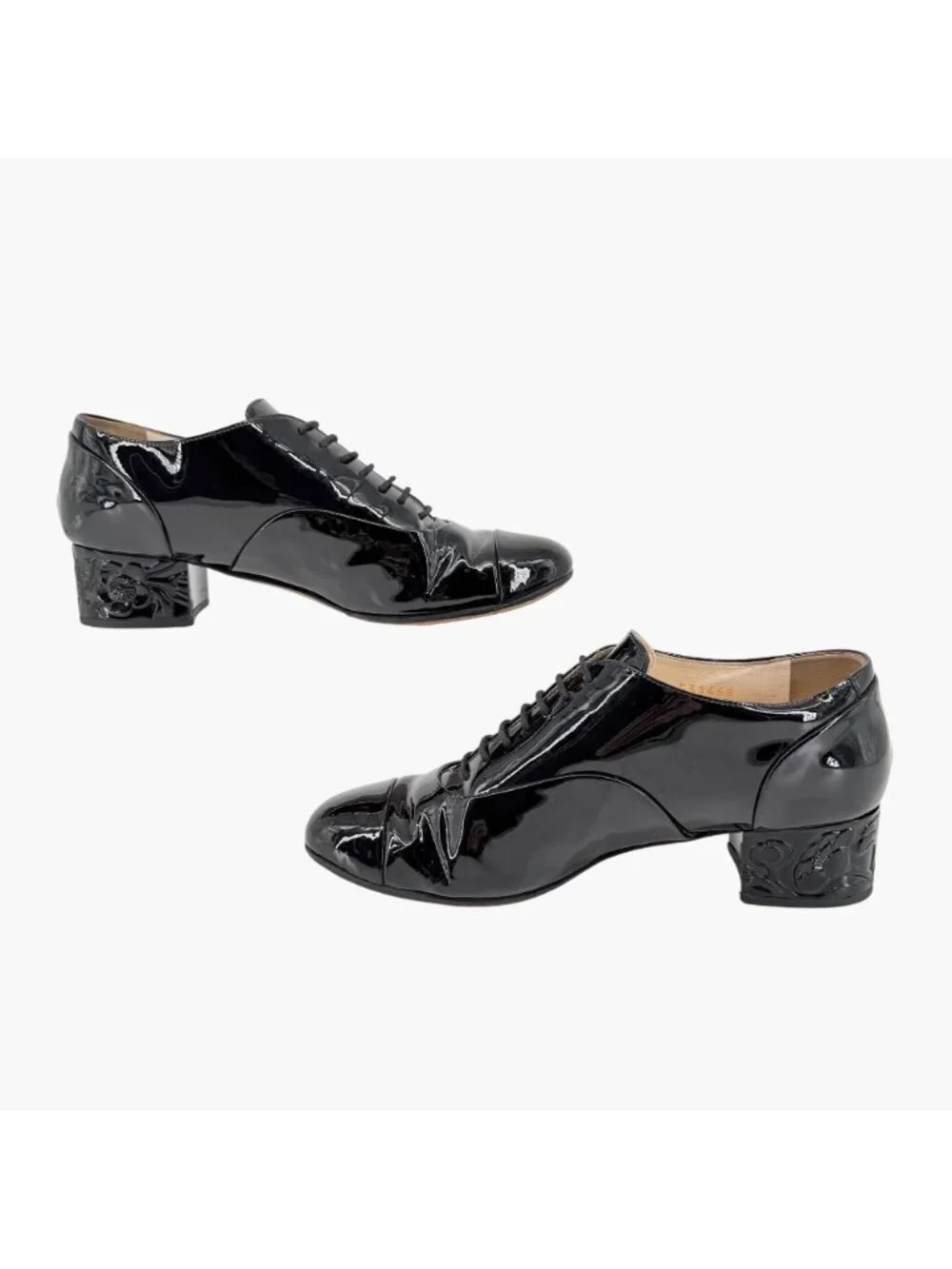 Chanel CC Camellia Flower Patent Oxford Heels Black Leather Size 37 US 6-6.5